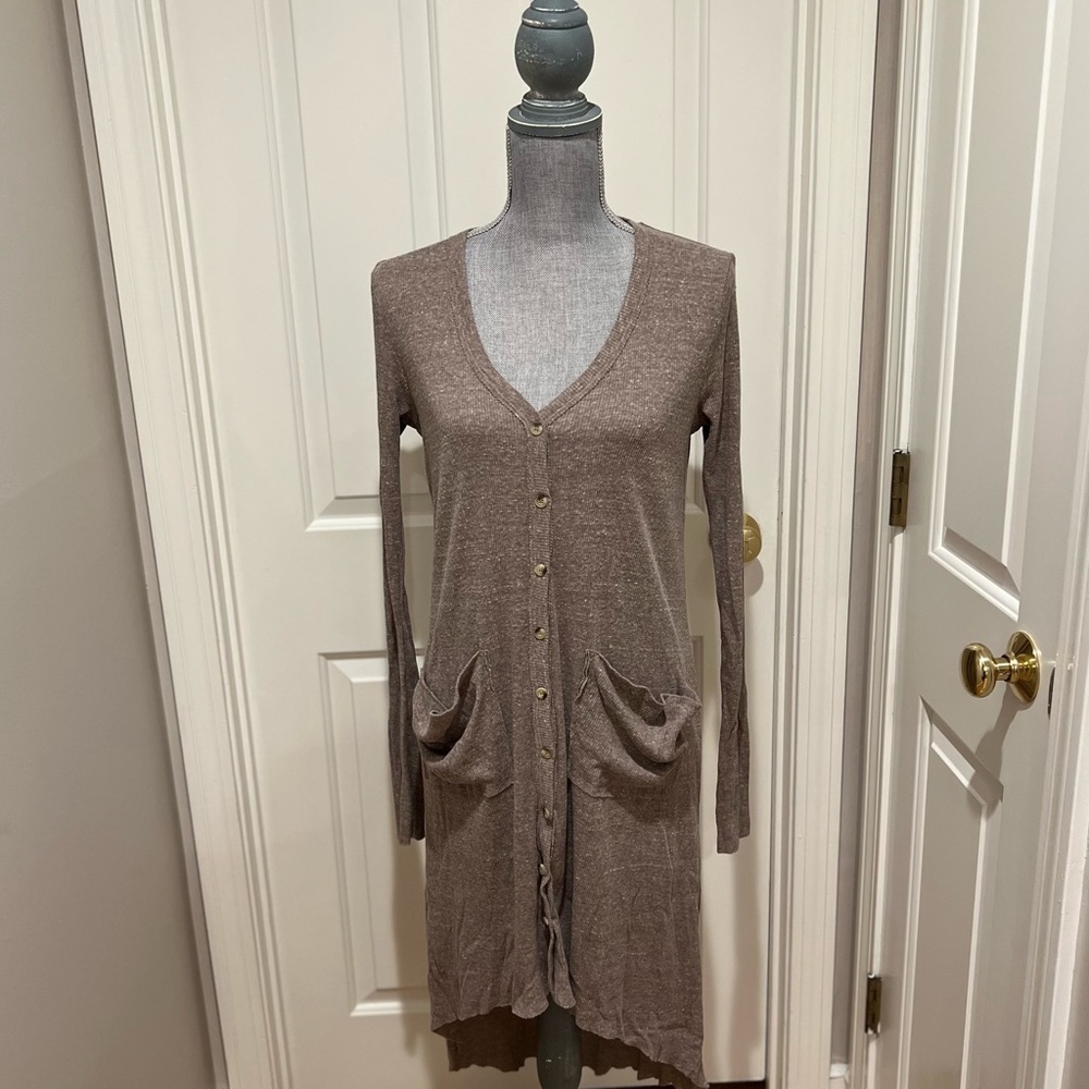 Free People Beach Grayish Tan Ribbed Knit Button Down Duster Cardigan
